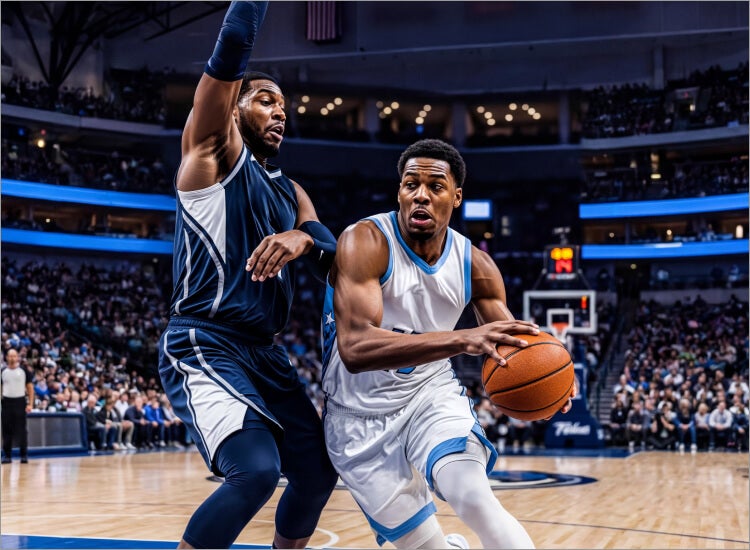 An image of two basketball players competing in a promotional image for the NBA Playoffs on Sling.