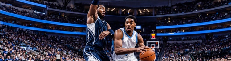 An image of two basketball players competing in a promotional image for the NBA Playoffs on Sling.