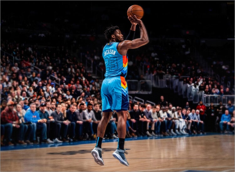 An image of a player in a blue jersey shooting a jump shot to promote the NBA Conference Finals on Sling.