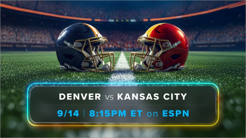 Photo: sling.com A blue helmet and a Red helmet on a football field to promote the Denver Broncos at Kansas City Chiefs on 'Monday Night