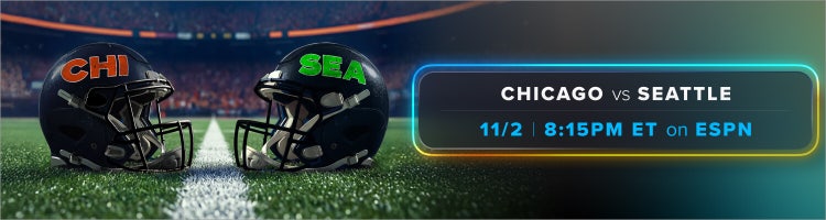 An image of football helmets to promote Chicago vs. Seattle on 'Monday Night Football' Week 8 on ESPN.