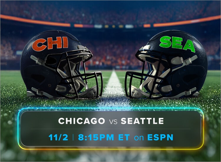 An image of football helmets to promote Chicago vs. Seattle on 'Monday Night Football' Week 8 on ESPN.