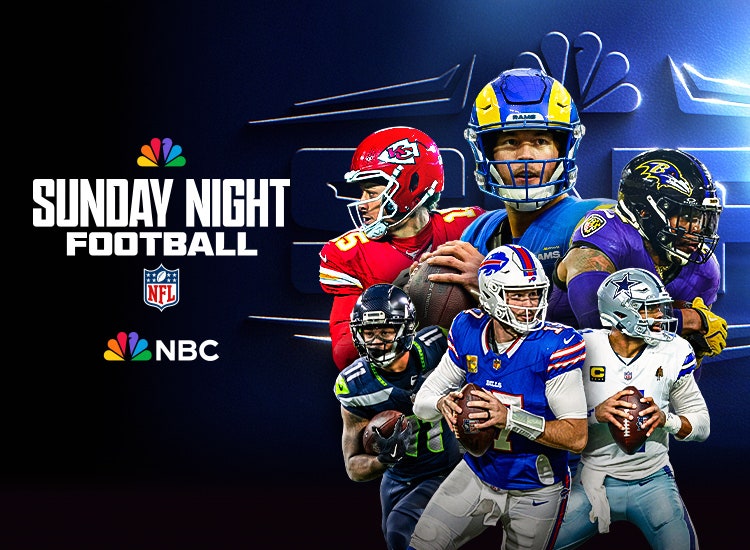 Key art for 'Sunday Night Football' on NBC featuring Patrick Mahomes, Matthew Stafford, Derrick Henry, Dak Prescott, Josh Allen, and Jaxon Smith-Njigba.