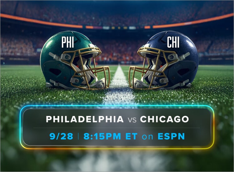 Key art for Philadelphia Eagles at Chicago Bears on 'Monday Night Football' on ESPN with Sling.