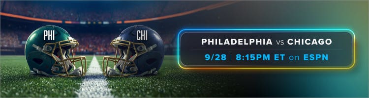 Key art for Philadelphia Eagles at Chicago Bears on 'Monday Night Football' on ESPN with Sling.