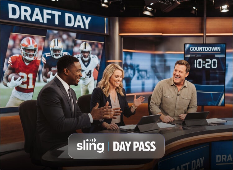 Art for 2026 NFL Draft coverage on Sling TV with Day Pass branding and studio hosts.