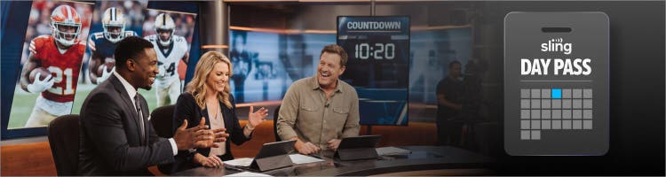 Art for 2026 NFL Draft coverage on Sling TV with Day Pass branding and studio hosts.