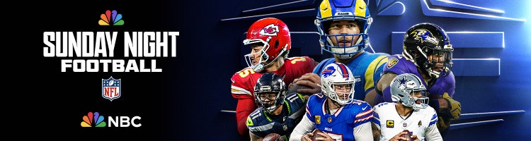 Key art for 'Sunday Night Football' on NBC featuring Patrick Mahomes, Matthew Stafford, Derrick Henry, Dak Prescott, Josh Allen, and Jaxon Smith-Njigba.