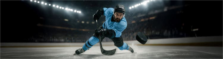 An image of a hockey player shooting the puck to promote the 2026 Stanley Cup Playoffs on Sling TV.