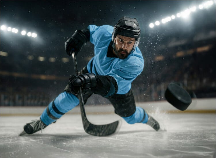 An image of a hockey player shooting the puck to promote the 2026 Stanley Cup Playoffs on Sling TV.