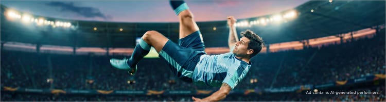 An AI image of a soccer player doing a bicycle kick to promote the World Cup on Sling.