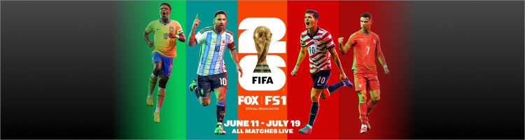 Key art for FIFA World Cup 2026™ on FOX and FS1 featuring Vinícius Júnior, Lionel Messi, Christian Pulisic, and Cristiano Ronaldo.