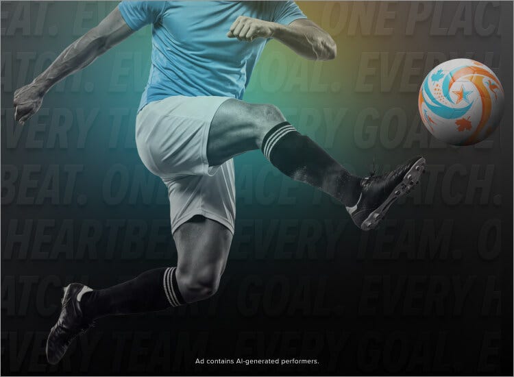An AI image of a soccer player kicking the ball to promote soccer coverage on Sling TV.