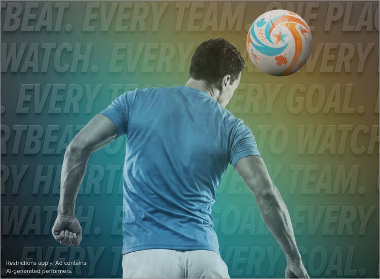 An AI image of a soccer player heading the ball to promote soccer coverage on Sling TV.