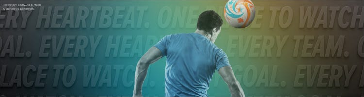 An AI image of a soccer player heading the ball to promote soccer coverage on Sling TV.