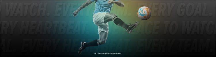 An AI image of a soccer player kicking the ball to promote soccer coverage on Sling TV.