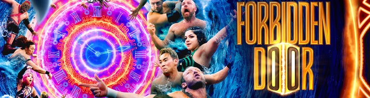 Key art for the Forbidden Door 2026 PPV featuring top wrestlers from AEW and NJPW.