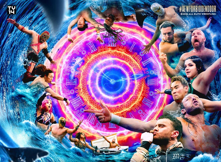 Key art for the Forbidden Door 2026 PPV featuring top wrestlers from AEW and NJPW.