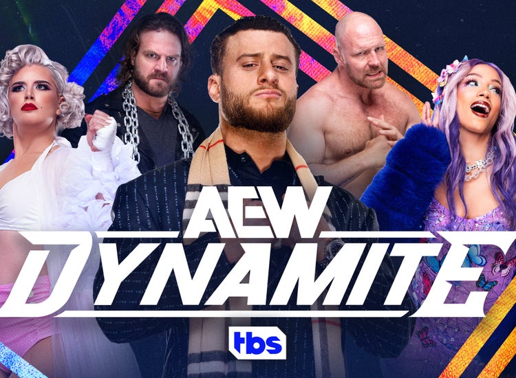 Toni Storm, "Hangman" Adam Page, MJF (Maxwell Jacob Friedman), Jon Moxley, and Mercedes Moné in an image for AEW Dynamite.
