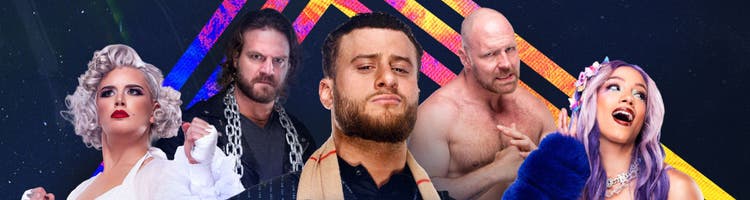 Toni Storm, "Hangman" Adam Page, MJF (Maxwell Jacob Friedman), Jon Moxley, and Mercedes Moné in an image for AEW Dynamite.