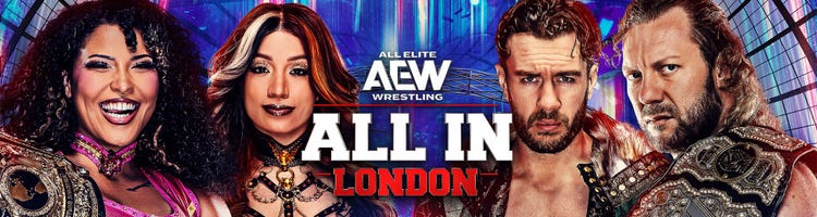 Key art for AEW All In: London 2026 PPV with Mercedes Mone, Willow Nightingale, Kenny Omega, and Will Ospreay.