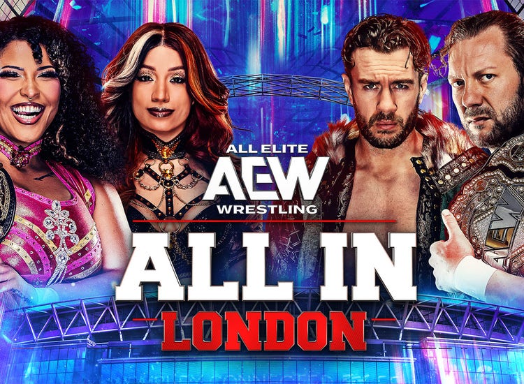 Key art for AEW All In: London 2026 PPV with Mercedes Mone, Willow Nightingale, Kenny Omega, and Will Ospreay.